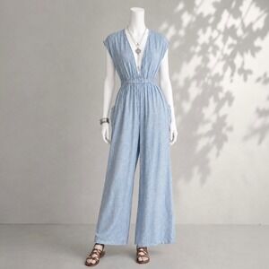 Mara Hoffman Swim Whitney Hemp Jumpsuit L Blue Stripe Wide Leg Beach Cover Up